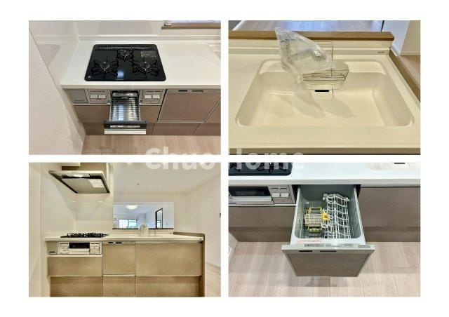 シャルム南砂町のキッチン|【システムキッチン】ワイドで収納豊富な使い勝手の良いカウンターキッチンには、食洗器や伸縮タイプのキッチン水栓、三ツ口コンロ・魚焼きグリルなどの便利な設備が標準完備されています。