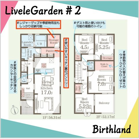 新築戸建・新築建売　郡山市亀田2丁目第2　桑野小・郡山第六中の間取り|〈2号棟〉4SLDK+WIC+パントリー　広々としたランドリールーム付き！