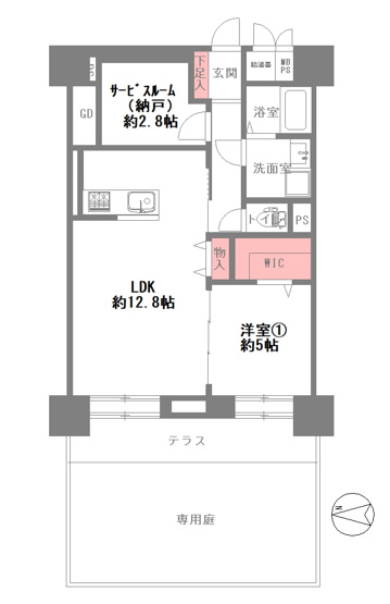 【間取り】 | 今福スカイハイツ | 室内水廻り設備一新！全面リフォーム済み☆安心の新調設備保証付き☆食洗機＆浄水器・浴室乾燥機完備☆ウォークインクローゼット付き♪専用庭付き☆共有部に専用トランクルーム付きです♪