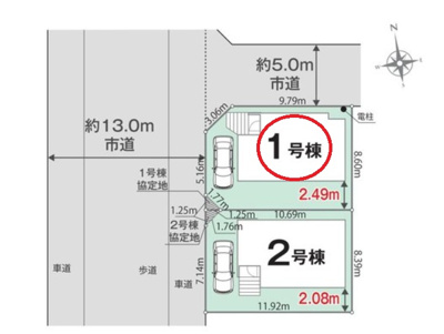 【区画図】 | 所沢市中新井４丁目　全２棟　１号棟 | １号棟　カースペース１台分　前面道路が約１３ｍあるので駐車もスムーズに行えます