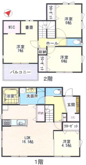 【間取り】 | 木更津市金田東5　中古戸建　木更津駅 | 別荘として利用しており、使用頻度が少なかったため室内たいへん綺麗です！
収納スペースが充実した暮らし心地良好な間取りです。家事・動線にも優れています♪
南向きバルコニーで陽当たり良好♪書斎もあります！