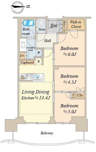 東向き 3LDK 全居室収納（内１部屋はウォークインクローゼット付）、リビング床暖房・キッチン食洗器付