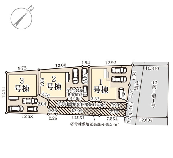 リーブルガーデンうるま市与那城屋慶名・３号棟の区画図|区画図／接道：北東側10.81ｍ県道