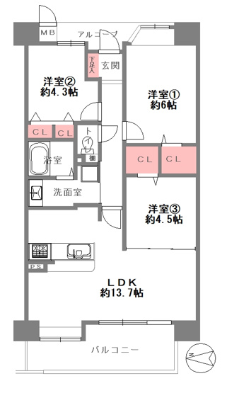 【間取り】 | メロディーハイム八戸ノ里 | 全洋室3LDK♪室内水廻り設備新調を含む全面リフォーム済み☆安心の新調設備保証付き☆食洗機＆浄水器・浴室乾燥機完備☆レースカーテン付きです☆