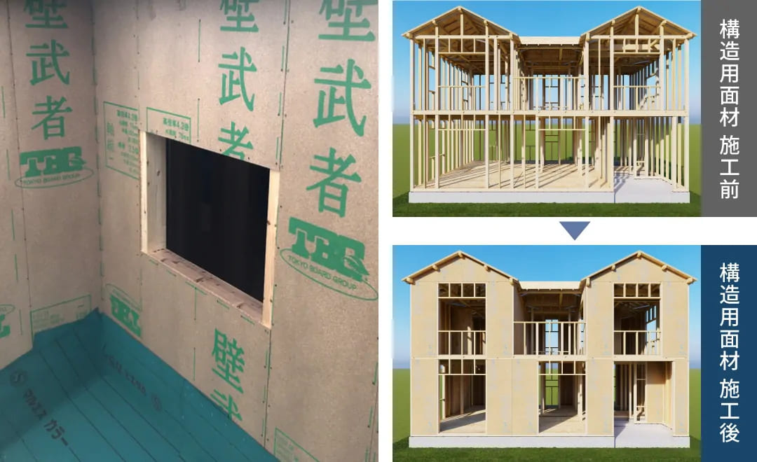 仲介手〇料不要　リーブルガーデン菊池市泗水町永【泗水東小・泗水中】の構造・工法・仕様|地震に強い、構造用面材を使った工法です。筋交いを使用する従来工法より、機密性が高いのが特長です。