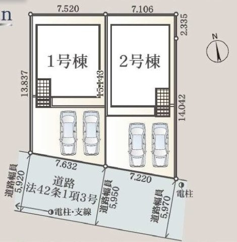 【ちょうどいい暮らし宮沢2丁目】南側公道×並列2台駐車可｜18帖超LDKの開放感ある新築戸建★仲介手数料無料★の区画図|全2棟の分譲地で、カースペース2台分を確保。前面道路もゆとりがあり、車の出し入れもしやすい開放感ある配置計画です。