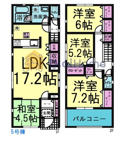 神戸市西区王塚台第6　5号棟　新築戸建の間取り|【ホームページに現地動画掲載中】●年中無休：当日予約可●洋風和室付4LDK♪広々インナーバルコニー！