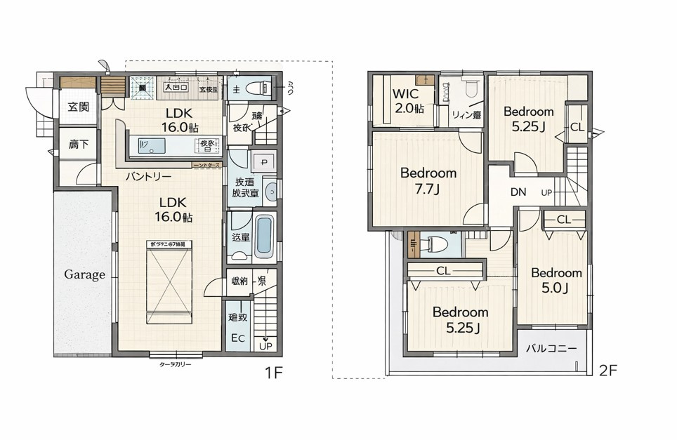 白岡市小久喜4期の間取り|将来を見据えた「可変性」が最大の魅力。2階の10.02帖洋室は、家族の成長に合わせ2部屋へ分割可能です。折上天井が彩るLDKやホテルライクな水回りなど、デザインと機能が共存する1棟です。