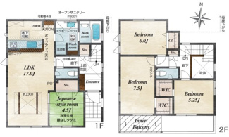【間取り】 | 安佐北区口田南4（安芸矢口駅）全2区画NO1 | 17帖リビング☆2階3室☆ファミリータイプ4LDK☆各居室に収納☆ウオークインクローゼット☆

