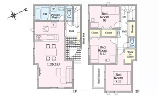 【間取り】 | 廿日市市深江2丁目（JR宮島口駅）全2区画　NO1 | 18帖リビング☆２階３室☆ファミリータイプ3LDK☆クローゼット☆ウォークインクローゼット☆南面向きリビング☆各居室がすべて南向き☆