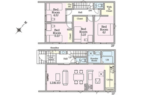 【間取り】 | 廿日市市宮内　限定1棟【角地】 | 17帖リビング☆2階3室☆ファミリータイプ3LDK☆タタミコーナー☆シューズインクローゼット☆ランドリールーム☆ウォークインクローゼット☆クローゼット☆サンルーム☆