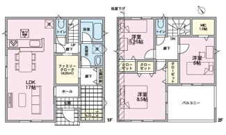 【間取り】 | 安佐北区落合南3（玖村駅）全2区画　NO1【P2台可】 | 17帖リビング☆2階3室☆ファミリータイプ3LDK☆クローゼット☆ウォークインクローゼット☆シューズインクローゼット☆ファミリークローク