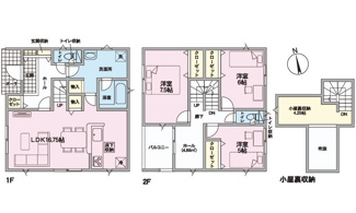【間取り】 | 安芸郡熊野町城之堀1丁目　全5区画　NO8 | 16.75帖リビング☆2階3室☆ファミリータイプ3LDK☆各居室に収納☆小屋根裏収納☆南向きの間取りプラン