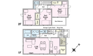 【間取り】 | 東広島市黒瀬樽原東2丁目　限定1棟 | ☆18帖リビング☆２階３室☆ファミリータイプ3LDK☆各居室に収納☆シューズインクローゼット☆パントリー☆シューズインクローゼット