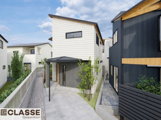 【外観パース】 | 宇治市五ヶ庄二番割　2区画B号地　売土地　建築条件付き | お客様のお好みに合わせて、外観デザインも一緒に作り上げていきます。「ひと目で分かるアトリエの家」をコンセプトに、木・金属・吹抜けを組み合わせ”あなたらしさ”を表現できる外観づくりが可能です。