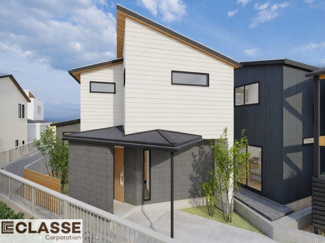 【外観パース】 | 宇治市五ヶ庄二番割　2区画B号地　売土地　建築条件付き | アトリエ仕様では、長期優良住宅に対応した構造・耐震材を採用しており、各種補助金にも対応できます。間取りによりますので、設計士と相談しながら、ご希望プランに合わせて最適な形をご提案いたします。