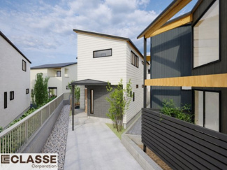 【外観パース】 | 宇治市五ヶ庄二番割　2区画B号地　売土地　建築条件付き | 気密測定器を保有しており、自社での気密測定を実現しております。気密処理をし、気密測定まで標準でさせていただいております。