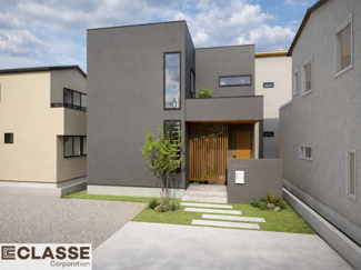 【外観パース】 | 宇治市五ヶ庄二番割　2区画A号地　売土地　建築条件付き | お客様のお好みに合わせて、外観デザインも一緒に作り上げていきます。「ひと目で分かるアトリエの家」をコンセプトに、木・金属・吹抜けを組み合わせ”あなたらしさ”を表現できる外観づくりが可能です。