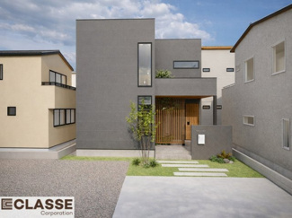 【外観パース】 | 宇治市五ヶ庄二番割　2区画A号地　売土地　建築条件付き | アトリエ仕様では、長期優良住宅に対応した構造・耐震材を採用しており、各種補助金にも対応できます。間取りによりますので、設計士と相談しながら、ご希望プランに合わせて最適な形をご提案いたします。