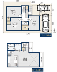 【土地図＋建物プラン例】 | 建物参考プラン(1LDK+2S、建物面積85.29㎡、建物価格1,330万円(税込))