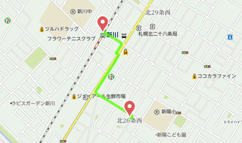 札幌市北区北26条西1期の地図|JR「新川」駅への徒歩経路