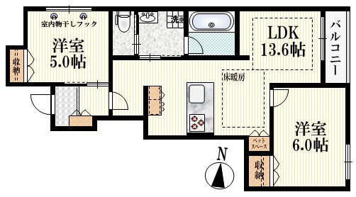 （仮称）和田３丁目メゾンの間取り|東向き角部屋♪収納豊富な２ＬＤＫ
