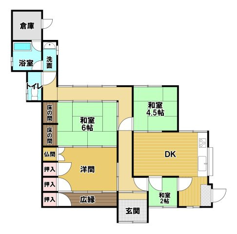 船木（高祖）　中古戸建の間取り|【間取り】上下移動のない平屋は、一生涯安心して暮らせる賢い選択。和室を繋げることで広間としても使える柔軟な設計です。