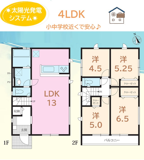【間取り】 | こちらは太陽光パネル搭載で「売電収入」も望める4LDKです♪
全居室２面採光で、通風＆日当り良好なので快適に過ごせます◎
