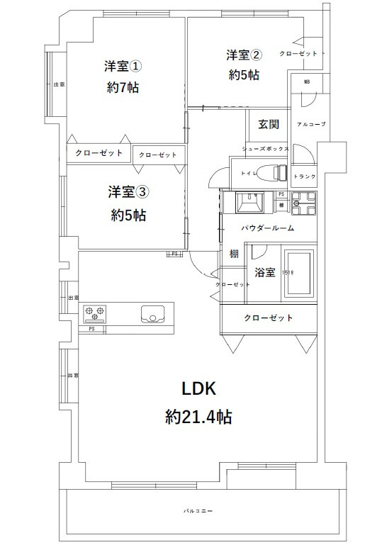 ローレルコート楽々園301の間取り|3160万円、3LDK、専有面積88.65m2、バルコニー15.96m2、駐車場空きあり