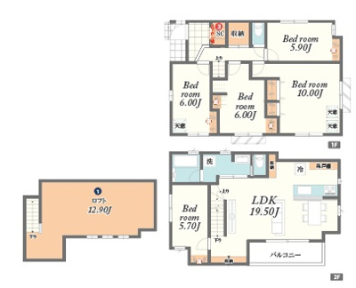 【参考プラン】 | 大泉学園7棟 | 6区画参考プラン
大型4LDK、全居室6帖以上、LDK20.20帖に続く屋上テラス10帖