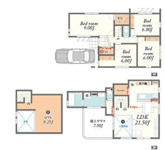 【参考プラン】 | 建築条件付き土地/南大泉7区画 | 2区画参考プラン
大型4LDK、LDK21帖に続く屋上テラス7.5帖