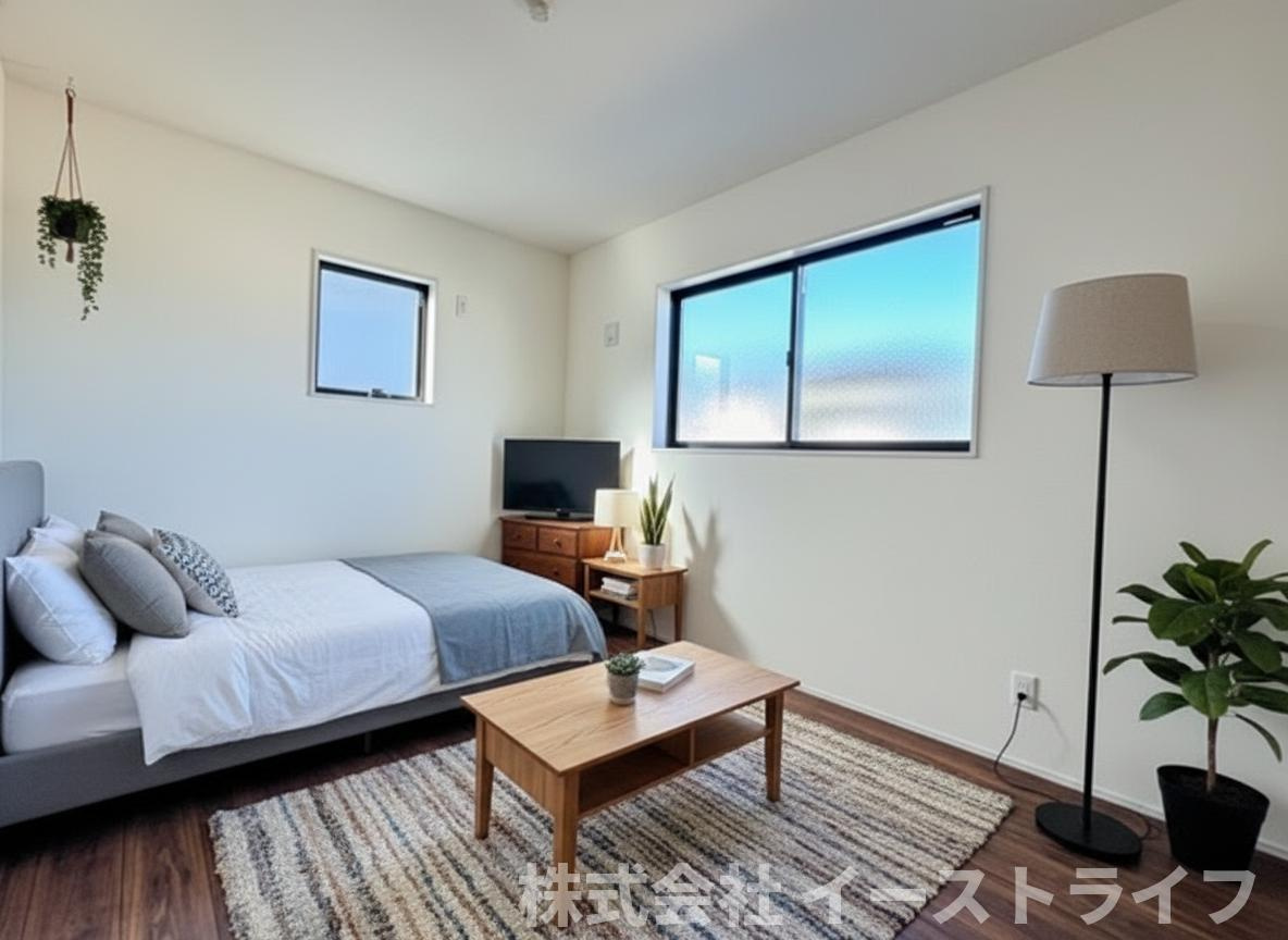 【新築戸建】　いわき市平倉前1期　全3棟の子供部屋|同社施工写真　洋室家具配置イメージ　本画像はCGで作成しており、実際に現地に 家具は置かれておりません。また、価格に 家具は含まれておりません。