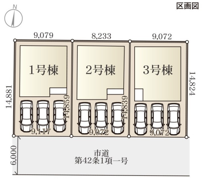 【新築戸建】　いわき市平倉前1期　全3棟の区画図|区画図です。