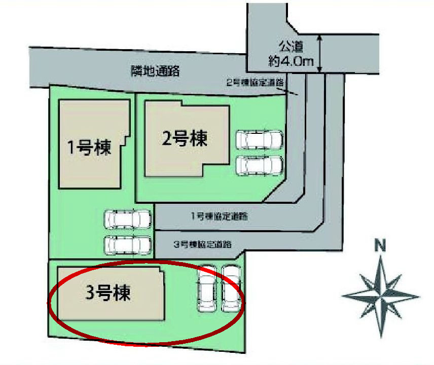 ブルーミングガーデン前橋市龍蔵寺町　3号棟の区画図|駐車場2台ご用意しています！来客時も重宝します♪
前面道路も広く車の出し入れもしやすいです！