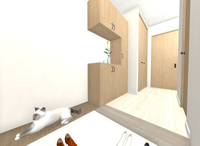 音羽初田町の玄関|【玄関パース図】
ベンチがついているため、靴の脱ぎ履ぎに便利です！
※イメージパース図は実際のお色味や素材、仕様とは異なる場合がございます。
【建物面積76.2m2】