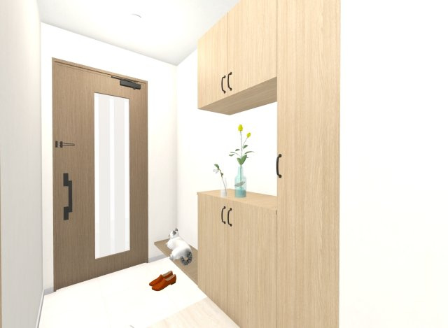 音羽初田町の玄関|【玄関パース図】
靴をたくさん収納することができます！
※イメージパース図は実際のお色味や素材、仕様とは異なる場合がございます。
【建物面積76.2m2】