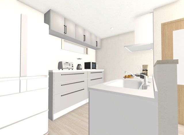 音羽初田町のキッチン|【キッチンパース図】
嬉しいカップボード付き！
フライパンなどスッキリ収納することができます！
※イメージパース図は実際のお色味や素材、仕様とは異なる場合がございます。
【建物面積76.2m2】