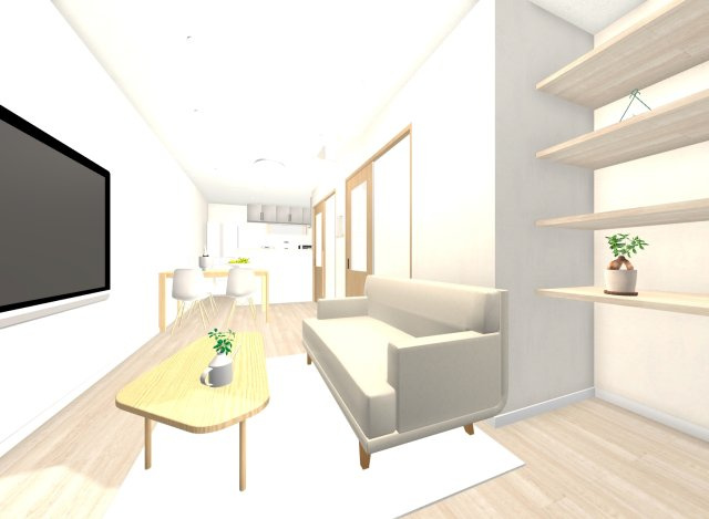 音羽初田町の居間・リビング|【リビング！】
リビングには可動棚が備わっているので、収納便利！
用途に合わせて高さの調節が可能◎
※イメージパース図は実際のお色味や素材、仕様とは異なる場合がございます。
【建物面積76.2m2】