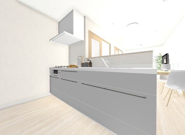 音羽初田町のキッチン|【キッチンパース図】
対面キッチンのためご家族の様子を見ながらお料理することができます！
※イメージパース図は実際のお色味や素材、仕様とは異なる場合がございます。
【建物面積76.2m2】