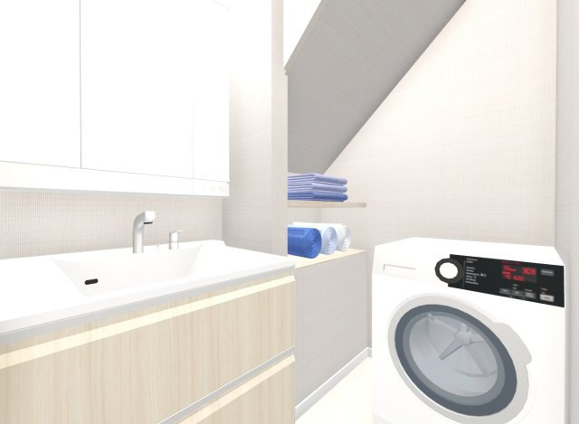 音羽初田町の洗面所|【洗面パース図】
洗面台上・鏡裏にも収納スペースがあるため、小物などスッキリ収納することができます！
※イメージパース図は実際のお色味や素材、仕様とは異なる場合がございます。
【建物面積76.2m2】