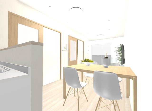 音羽初田町の居間・リビング|【リビングパース図】
２階リビングは道路からの視線を遮りプライバシーが守られます！
※イメージパース図は実際のお色味や素材、仕様とは異なる場合がございます。
【建物面積76.2m2】