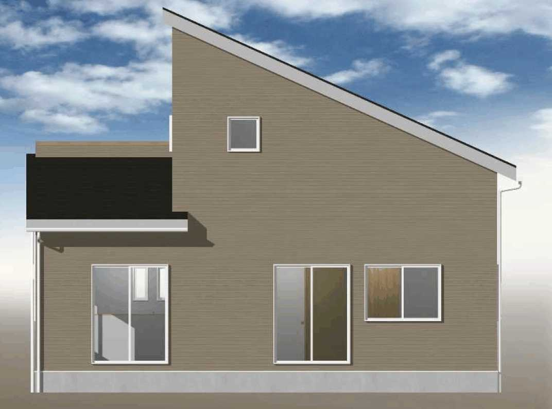 下野市石橋 2期 1区画の完成予想図|【34N5.0a サンテラス・2階テラスプラン】 個性的でモダンな印象を与えるデザインの片流れ屋根（かたながれやね）が特徴です。 雨水の排水効率が良く機能的です。 ※外壁の割付・目地はイメージです。