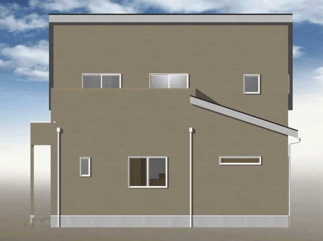 下野市上大領　1区画の完成予想図|【34N5.0a サンテラス・2階テラスプラン】 個性的でモダンな印象を与えるデザインの片流れ屋根（かたながれやね）が特徴です。 雨水の排水効率が良く機能的です。 ※外壁の割付・目地はイメージです。