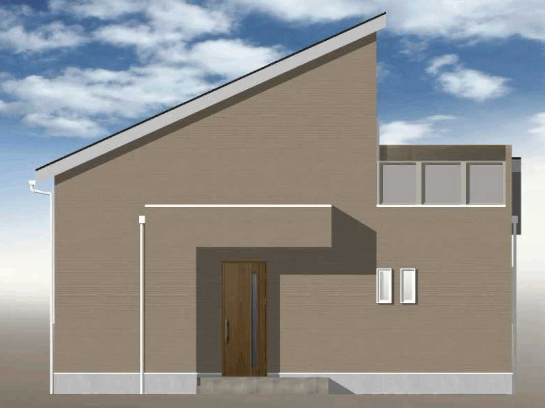 下野市上大領　1区画の完成予想図|【34N5.0a サンテラス・2階テラスプラン】 個性的でモダンな印象を与えるデザインの片流れ屋根（かたながれやね）が特徴です。 雨水の排水効率が良く機能的です。 ※外壁の割付・目地はイメージです。