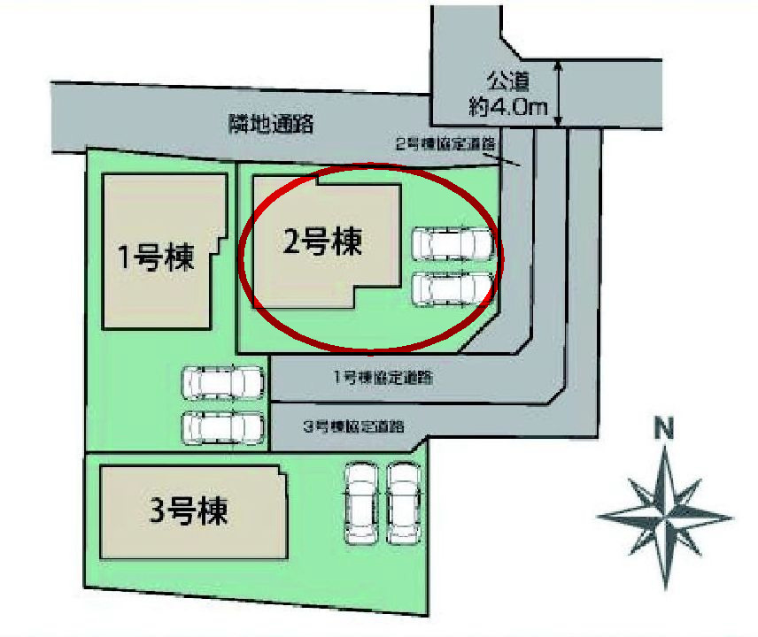 ブルーミングガーデン前橋市龍蔵寺町　2号棟の区画図|駐車場2台ご用意しています！来客時も重宝します♪
前面道路も広く車の出し入れもしやすいです！