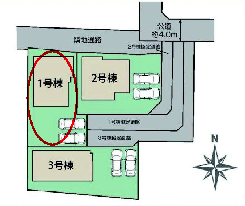 ブルーミングガーデン前橋市龍蔵寺町　1号棟の区画図|駐車場2台ご用意しています！来客時も重宝します♪
前面道路も広く車の出し入れもしやすいです！