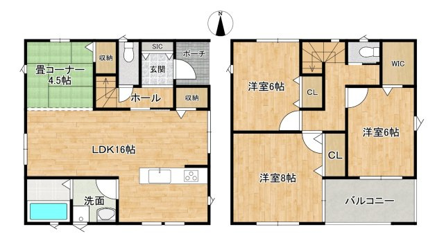 クレイドルガーデン郷瀬町第2　１号棟の間取り|タタミコーナー含めて20帖以上の広々リビング