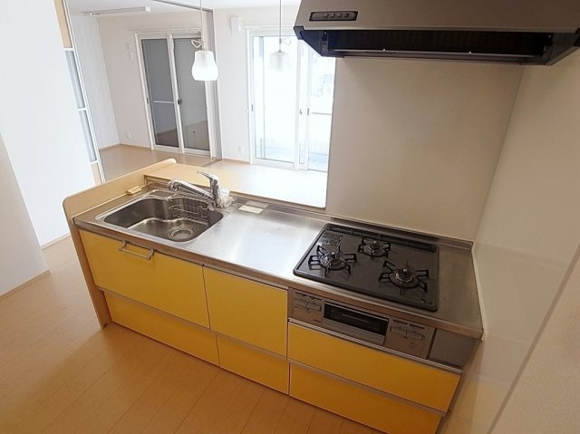 栖2のキッチン|カウンターキッチン。システム3口ガスコンログリル付き