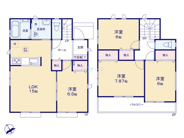 刈谷市築地町二丁目23番2、23番3『仲介手数料無料』新築一戸建て・建売の間取り|　D号棟　1F:LDK15帖に隣接する洋室6.5帖　物入設置はお子様の遊び場・奥様の家事室に便利！ホール物入♪2F:主寝室7.87帖・洋室6帖・洋室6帖　物入設置♪南面バルコニー♪