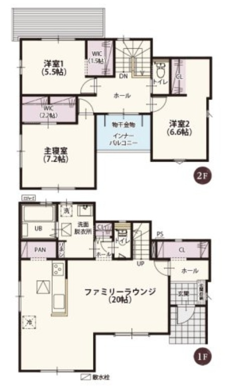 古河市西牛谷　第４期　全4邸の間取り|〇3LDK〇
広々LDK20帖！
家族のコミュニケーションが増えるリビング階段♪